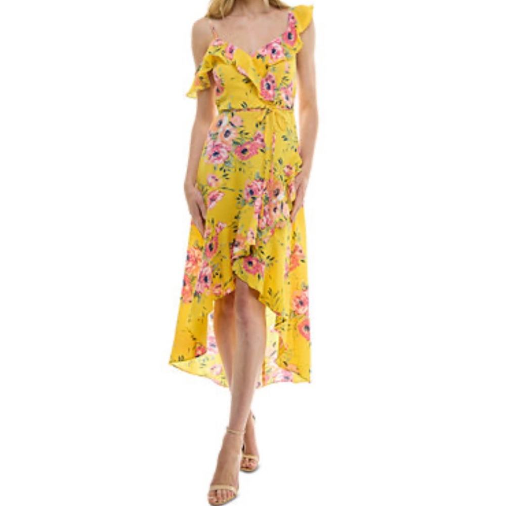By & By Floral Midi Dress High-Low Faux Wrap Summer Sundress Yellow XS NWT